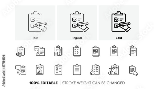 Agreement info, Clipboard manager, Accounting Report. Checklist documents line icons. Medical schedule, Document list and Voting checklist line icons. Data calculation, Contract document. Vector