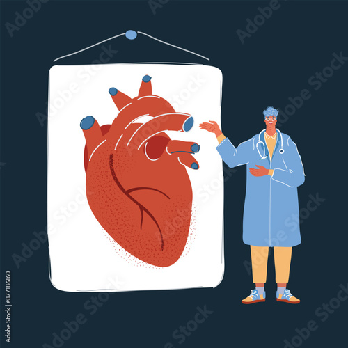 Cartoon vector illustration of doctor talks about heart diseases and ways to prevent them on dark background.