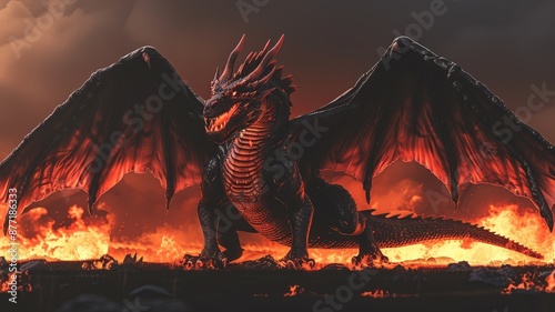 A majestic dragon with fiery scales and outspread wings stands amid a fiery landscape with dark clouds overhead.
