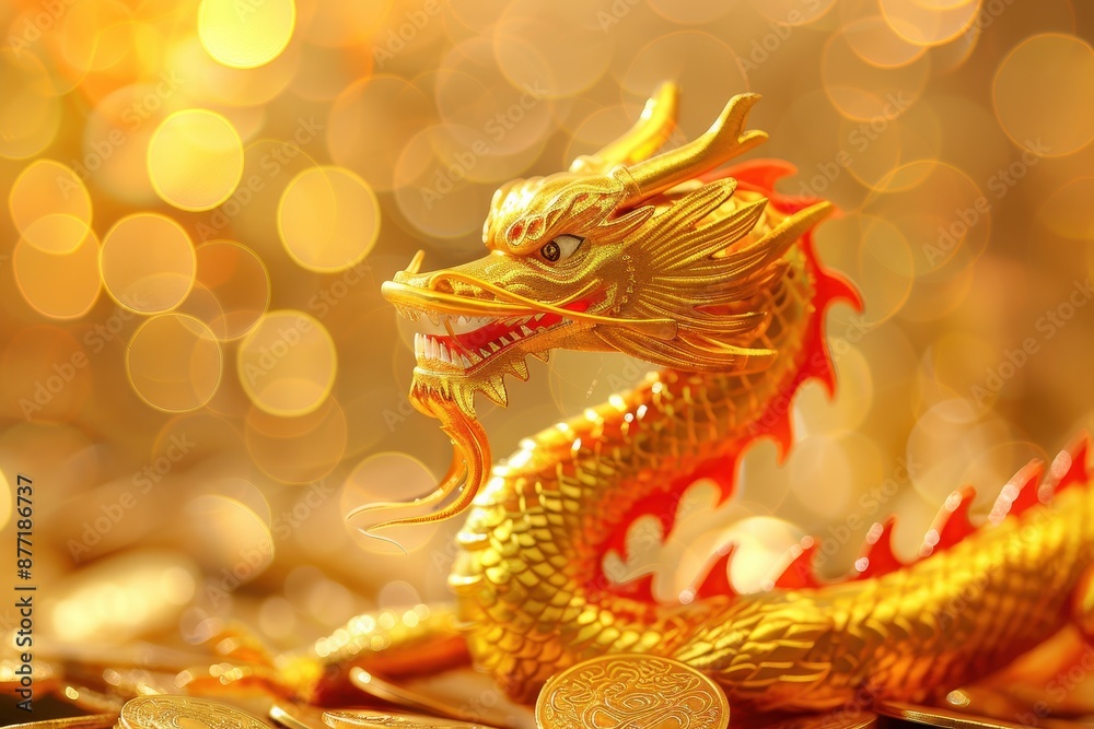 Fototapeta premium Golden dragon figurine with bokeh lights in the background, symbolizing wealth and prosperity. Perfect for festive and oriental themed projects.