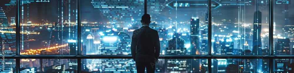 Fototapeta premium Businessman Gazing at Futuristic Network Cityscape Immersed in High-Tech Digital Landscape. Themes of Technology, Innovation, and Future Urban Scenery in a High-Definition AI-Generated Background