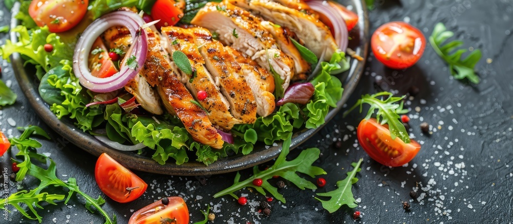Fresh chicken breast salad with a mix of tomatoes onions and lettuce served on a table with a food background ideal as a copy space image Fresh chicken breast salad with a mix of tomatoes onions and lettuce served on a table with a food background ideal as a copy space image