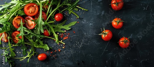 A fresh green salad featuring arugula and tomatoes on a dark background with copy space image