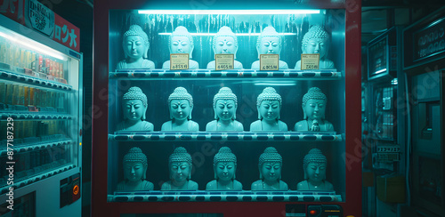 A vending machine displays Buddha statues under blue lights, creating a serene yet commercial atmosphere