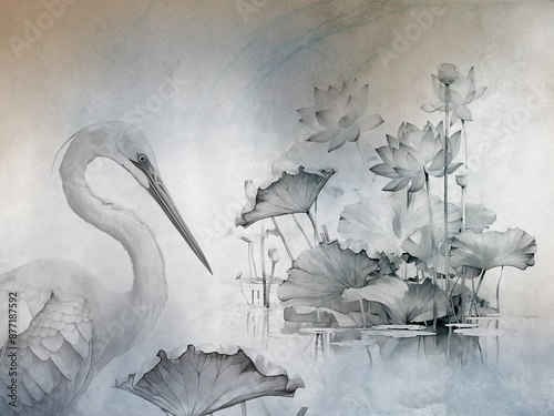 Fototapeta Naklejka Na Ścianę i Meble -  Heron by the lake with blooming lotuses on the ombre background. Illustration for wallpaper, wall decor, poster, card, invitation. 