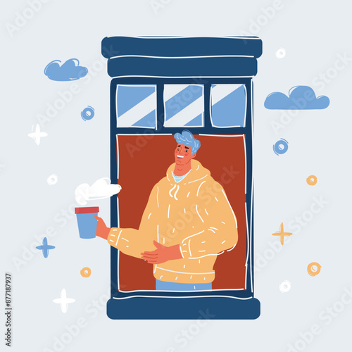 Cartoon vector illustration of man looking out window