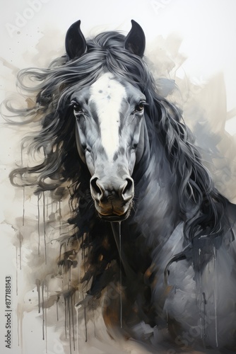 A horse painting with a black and white mane., generative IA © JONATAS