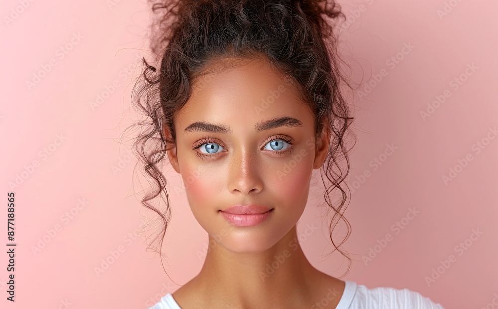 :..Young Woman with Blue Eyes Against a Pink Background in Natural Light :..Young Woman with Blue Eyes Against a Pink Background in Natural Light
