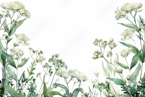 Wallpaper Mural Elegant watercolor floral frame with delicate white flowers and green leaves on a white background, perfect for invitations and stationery. Torontodigital.ca