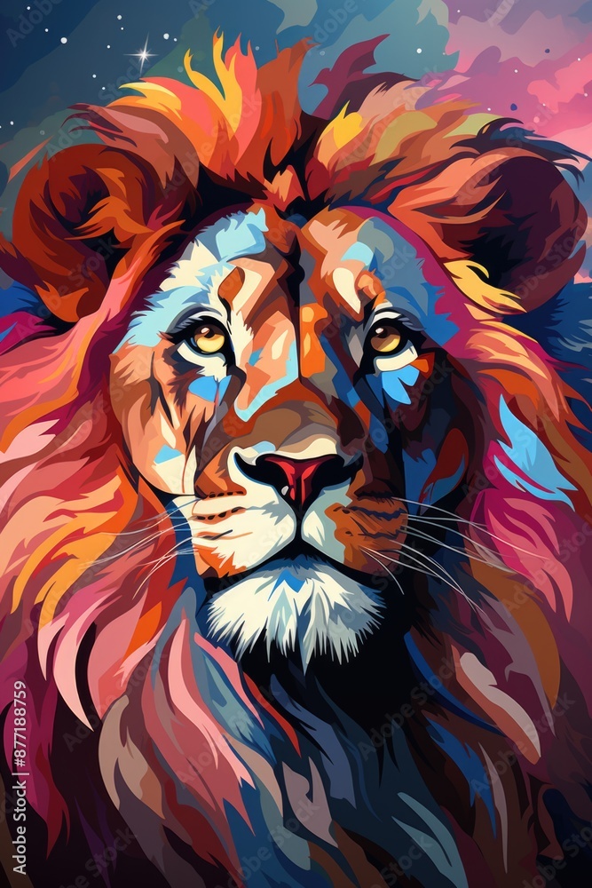 Pop Art style colored head lion set., generative IA Pop Art style colored head lion set., generative IA