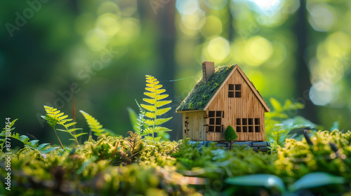 Environmentally friendly housing concept with wooden tiny house in grass in the green forest 