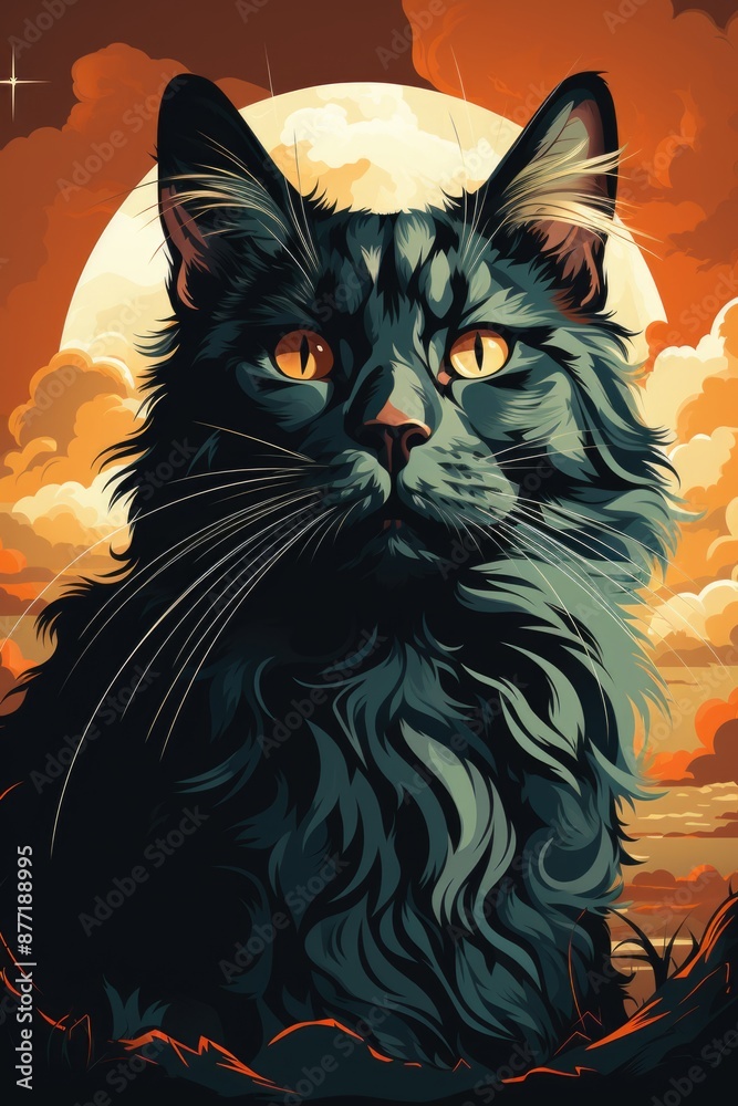Portrait of a cat with green eyed vector illustration in retro style, generative IA Portrait of a cat with green eyed vector illustration in retro style, generative IA