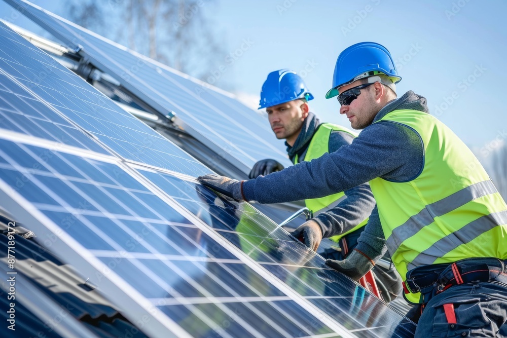 Engineers wearing safety gear installing solar panels on a rooftop under a clear sky. Generated AI Engineers wearing safety gear installing solar panels on a rooftop under a clear sky. Generated AI