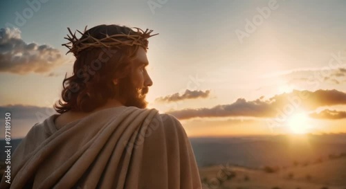 jesus with a crown of thorns on his head looking at sunrise