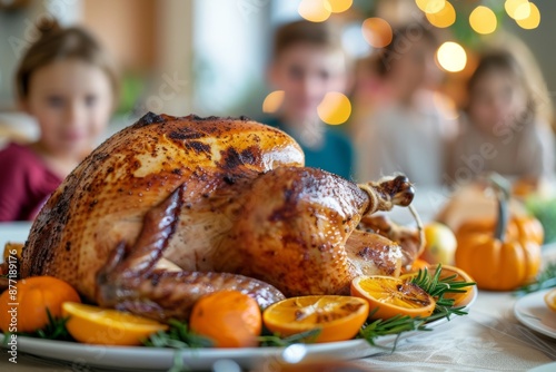 A beautifully roasted turkey served on a festive table with children in the background enjoying Thanksgiving dinner celebration. Generated AI