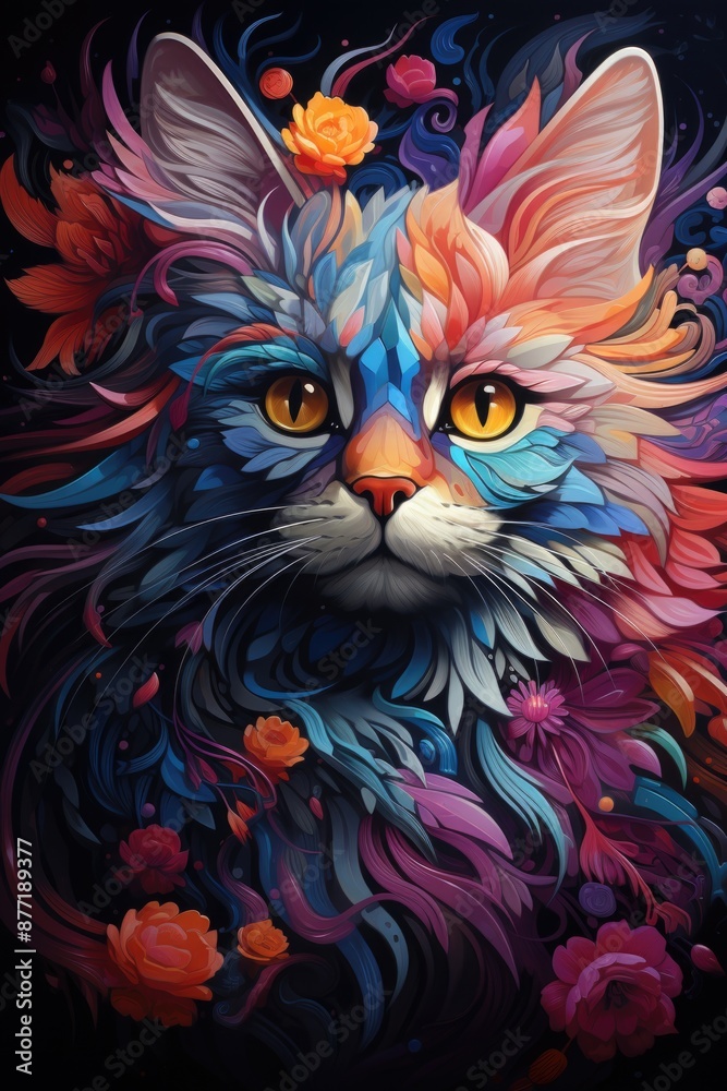 Fototapeta Psychedelic cat art. There generated, generative IA