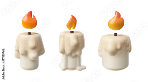 Burning candle with dripping flowing wax 3D plastic style vector set, glowing paraffin candle with fire flame accessory