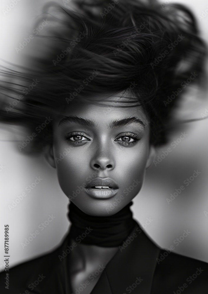 Young Woman in Stylish Clothes with Wind-Blown Hair in Black and White Portrait Young Woman in Stylish Clothes with Wind-Blown Hair in Black and White Portrait