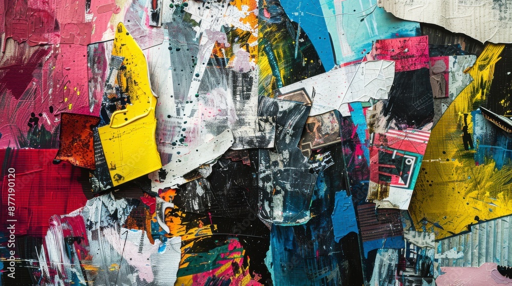 Fototapeta premium Abstract artwork of colorful paint and torn paper posters