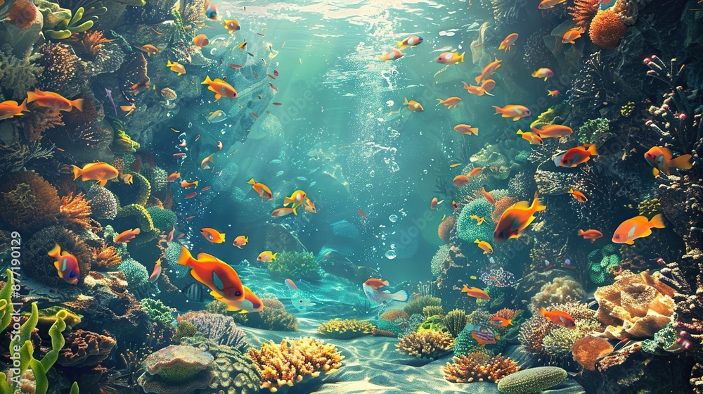 Naklejka premium Tropical Fish swimming across a coral reef with bright lights