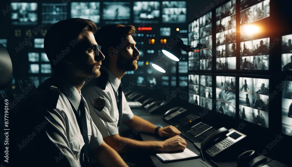Safety of private property and modern technology. Safeguard monitoring home security cameras. Security guards monitoring modern CCTV cameras indoors Safety of private property and modern technology. Safeguard monitoring home security cameras. Security guards monitoring modern CCTV cameras indoors