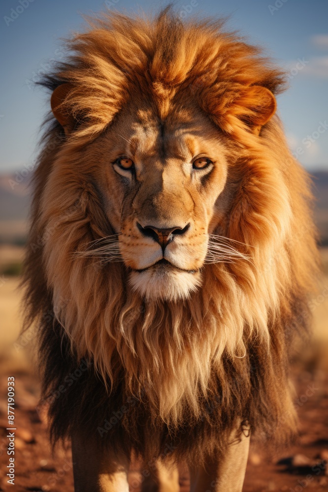 Vertical selective focus of a magnificent lion in the desert, generative IA Vertical selective focus of a magnificent lion in the desert, generative IA
