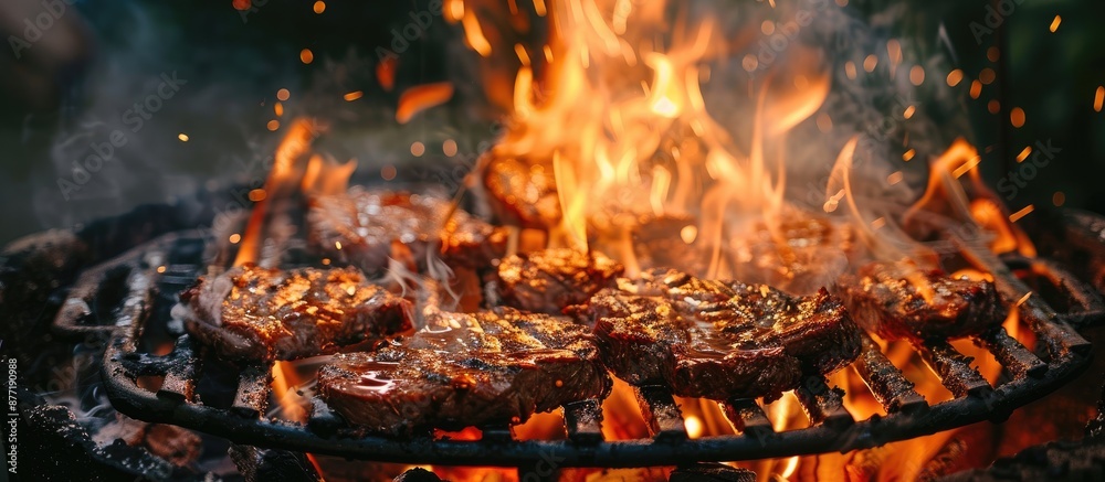 Fototapeta premium A fire with open flames is roaring in the grill creating the perfect setup for searing meat with a copy space image available