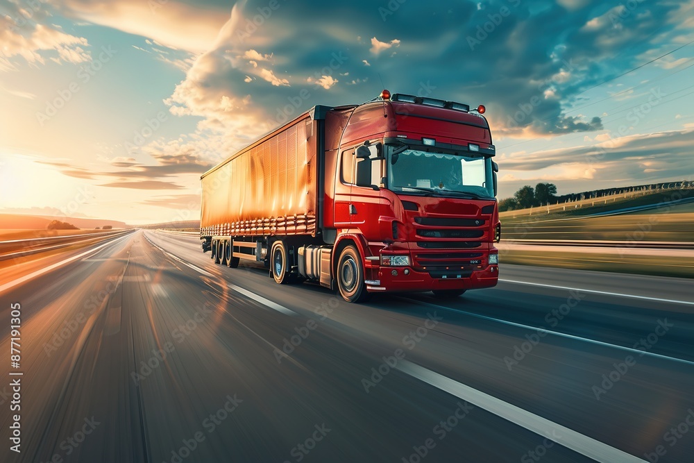 Red Semi Truck Driving on Highway at Sunset Red Semi Truck Driving on Highway at Sunset