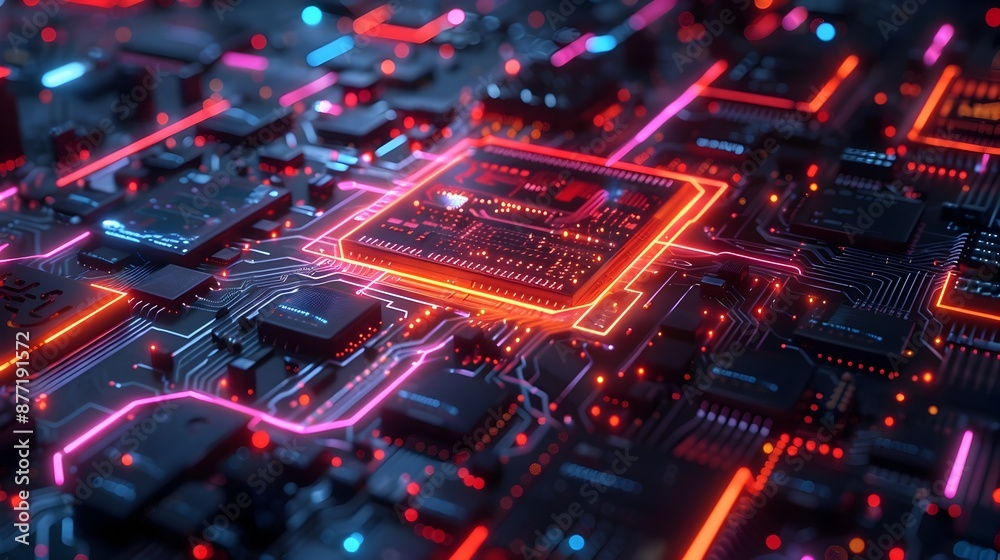 Glowing Quantum Computer Chip with Neon Circuits,Futuristic Technology Visualization Glowing Quantum Computer Chip with Neon Circuits,Futuristic Technology Visualization