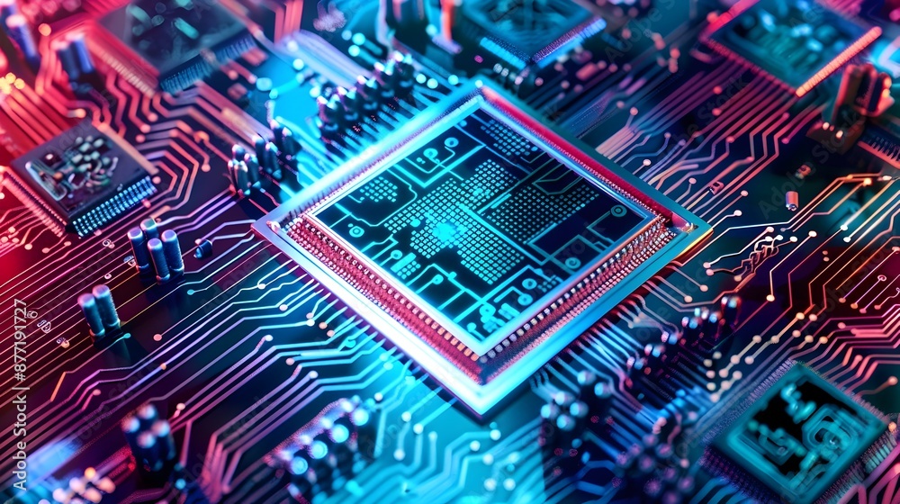 Obraz premium Vibrant Quantum Computer Processor with Colorful Waveforms and Cutting-Edge Computational Design