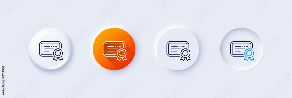 Certificate line icon. Neumorphic, Orange gradient, 3d pin buttons. Verified document sign. Accepted or confirmed symbol. Line icons. Neumorphic buttons with outline signs. Vector Certificate line icon. Neumorphic, Orange gradient, 3d pin buttons. Verified document sign. Accepted or confirmed symbol. Line icons. Neumorphic buttons with outline signs. Vector