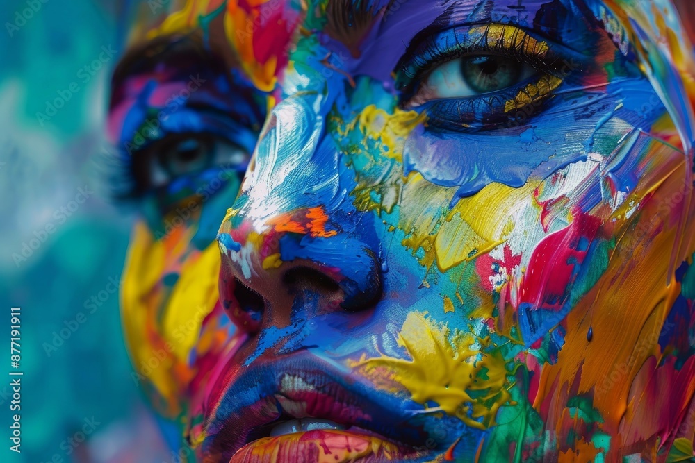 Fototapeta premium Closeup of a vibrant and colorful painted face with bold, multicolored artistic strokes, showcasing the creativity and individuality of body art and makeup