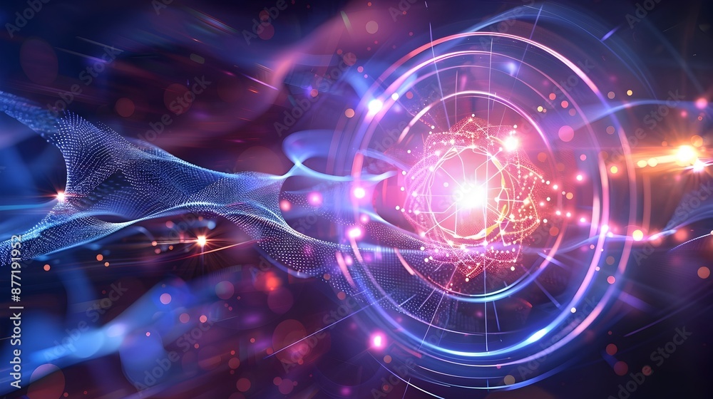 Obraz premium Quantum Superposition Illustrated by Overlapping Particle and Wave States in Futuristic Physics