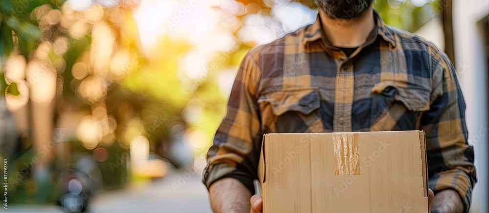 Fast delivery depicted by delivery man holding a cardboard box in an image with copy space illustrating the concept of express delivery in online shopping Fast delivery depicted by delivery man holding a cardboard box in an image with copy space illustrating the concept of express delivery in online shopping