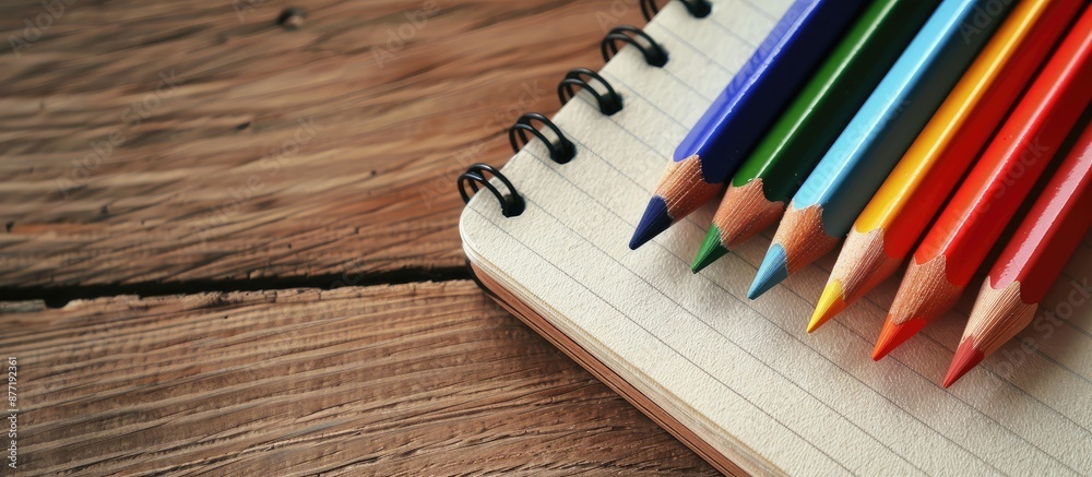 Obraz premium Color pencil on a wooden table next to a notebook with a blank area for an image. with copy space image. Place for adding text or design