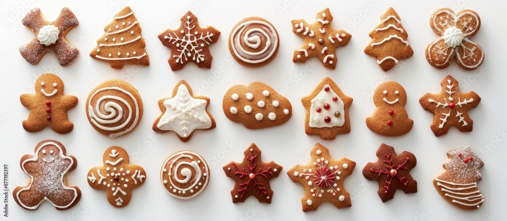 Top view of a variety of colorful Christmas gingerbread cookies with a sugar glaze set on a white background with copy space image Top view of a variety of colorful Christmas gingerbread cookies with a sugar glaze set on a white background with copy space image