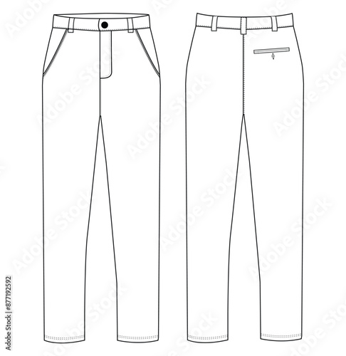 Chino trousers. Men's formal trouser pant front and back view flat sketch fashion illustration, Vector technical sketch. Mockup template.