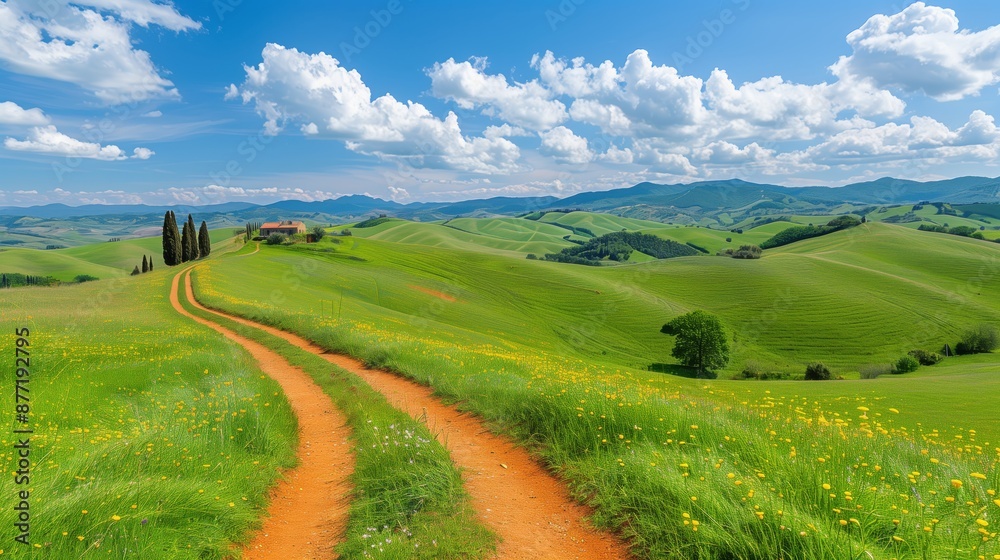 A scenic landscape featuring a winding dirt road through lush green hills under a vibrant blue sky with fluffy white clouds A scenic landscape featuring a winding dirt road through lush green hills under a vibrant blue sky with fluffy white clouds