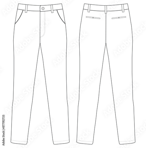 Chino trousers. Men's formal trouser pant front and back view flat sketch fashion illustration, Vector technical sketch. Mockup template.