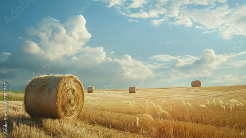 A field with hay arranged in bales. The golden hay contrasts with the sky, creating an idyllic rural setting.