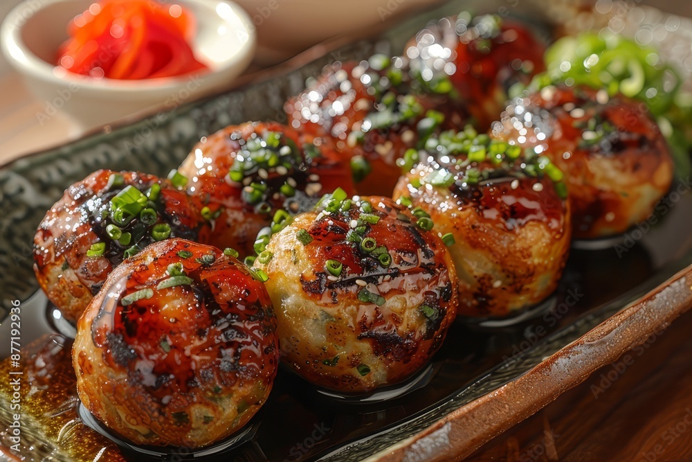 Takoyaki balls with soy sauce and sesame seeds, Japanese food
Takoyaki balls with soy sauce and sesame seeds, Japanese food