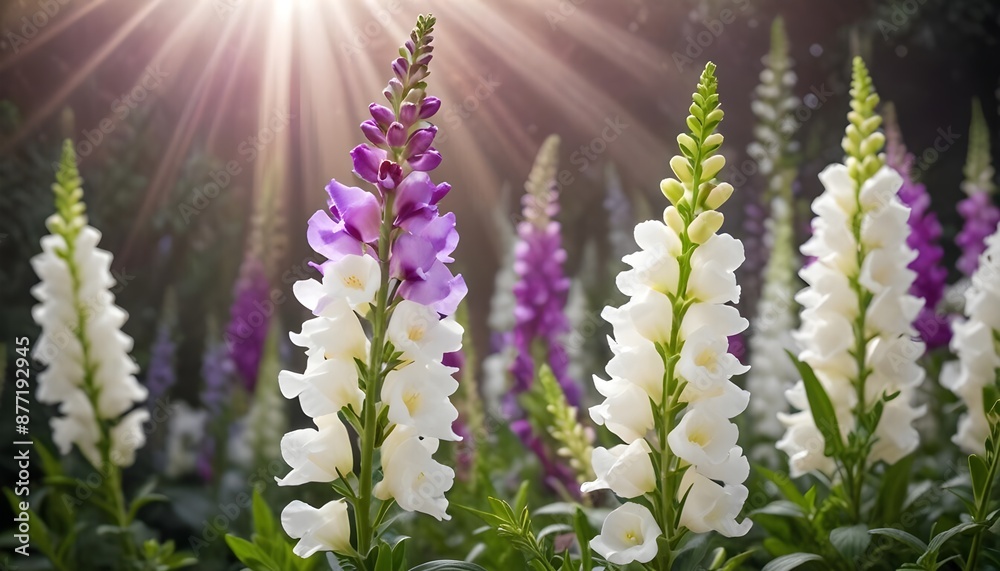 Obraz premium White and purple snapdragons behind sunrays background