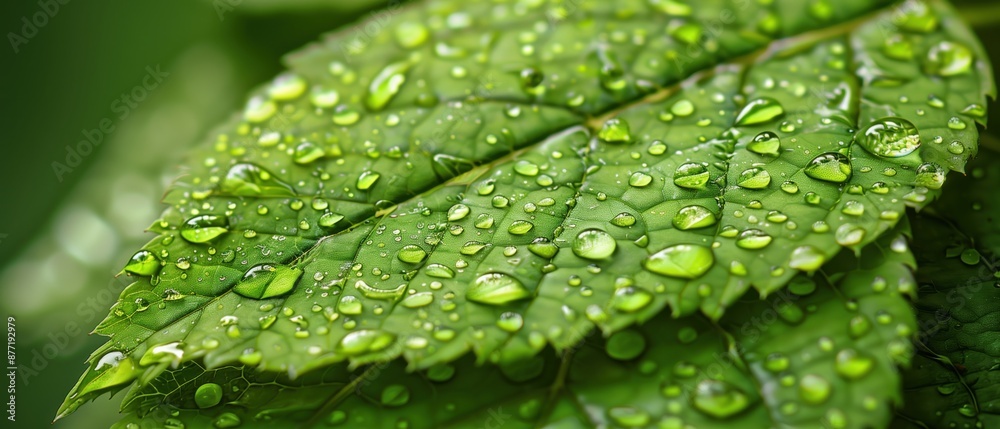 Close-up of fresh green leaves with water droplets, symbolizing nature, growth, and freshness in a vibrant natural setting. Close-up of fresh green leaves with water droplets, symbolizing nature, growth, and freshness in a vibrant natural setting.