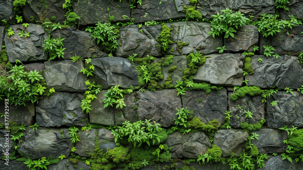 A stone wall covered with green moss, with free space for text. The texture of moss and the severity of the stone create a harmonious composition. A stone wall covered with green moss, with free space for text. The texture of moss and the severity of the stone create a harmonious composition.
