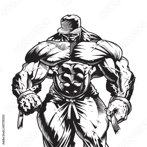 Heavy Body Builder with Hat Black on White Vector for T-shirts and Wall Decal Workout Athletic Gym Muscle Logo Fitness Beast Barbell Bodybuilding Healthy Wall Sticker for Gym Decor