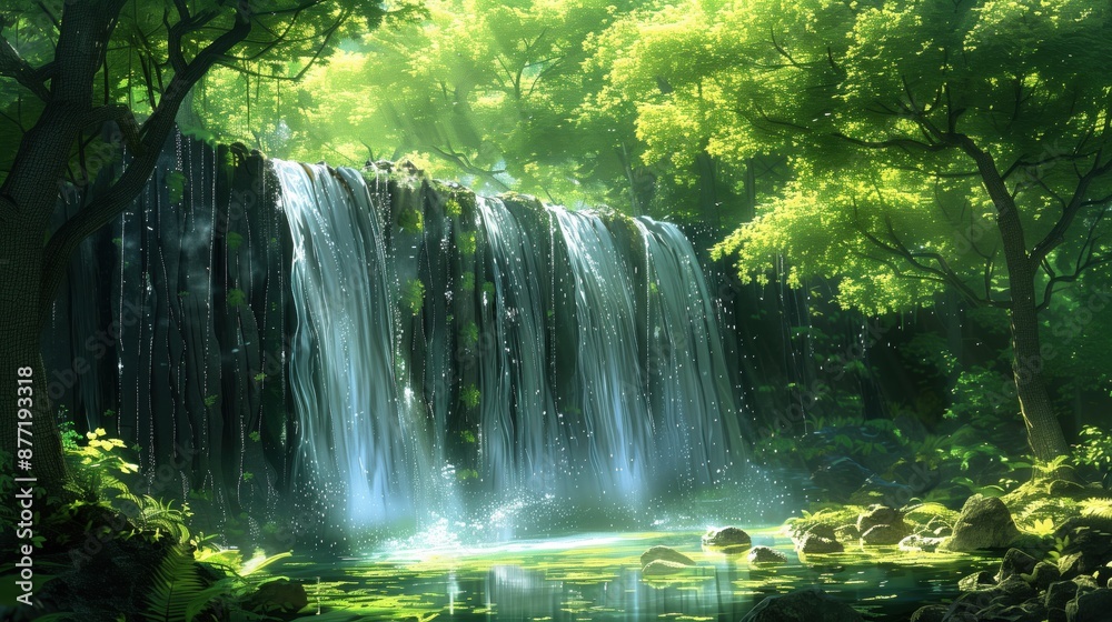 Fototapeta premium Serene forest waterfall with lush greenery and sunlight filtering through trees, creating a peaceful and natural landscape scene.