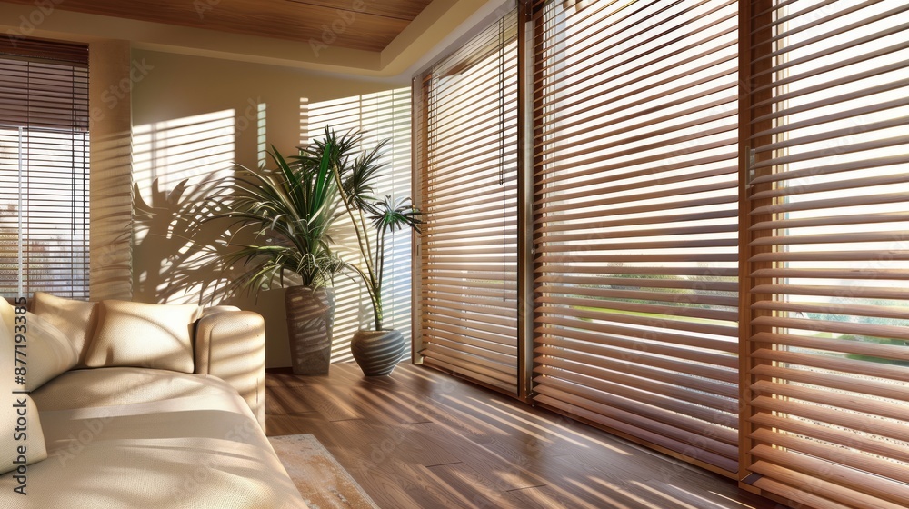 Fototapeta premium Modern Living Room with Sunlight Streaming Through Wooden Blinds