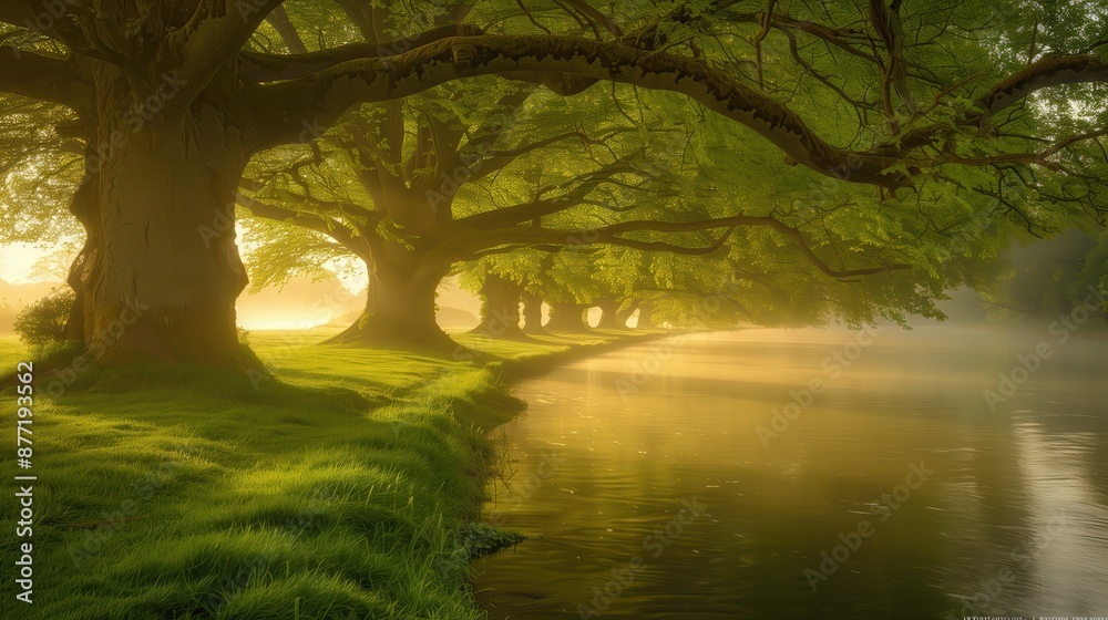 Obraz premium Sunrise in a misty forest with a calm river reflecting sunlight through lush green tree canopies, creating a serene and tranquil scene.