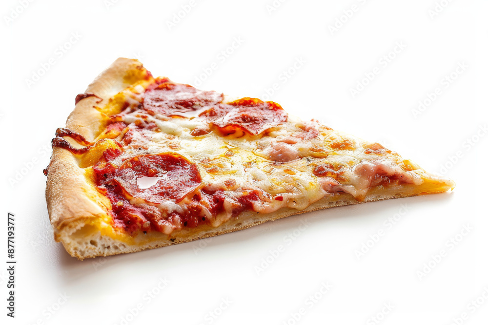 close up isolated horizontal image of a slice of pizza over a white neutral background, copy space close up isolated horizontal image of a slice of pizza over a white neutral background, copy space