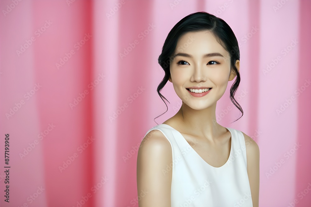 Elegant Portrait of a Beautiful Young Asian Woman with Beautiful Clear Skin and natural Beauty in a White Sleeveless Top on Pink Background, Face care, beauty and spa, Facial treatment, skin care Elegant Portrait of a Beautiful Young Asian Woman with Beautiful Clear Skin and natural Beauty in a White Sleeveless Top on Pink Background, Face care, beauty and spa, Facial treatment, skin care